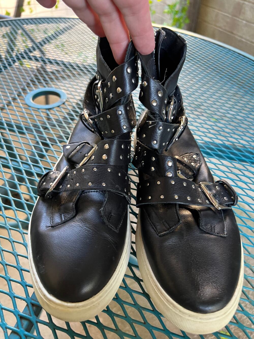 J/Slides NYC Women's Leather Studded Buckle High Top Sneakers Black ~ Size 10